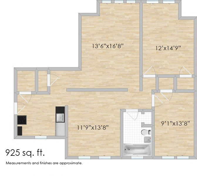 Floor plan for 2 beds, 1 bath, 1015 sqft